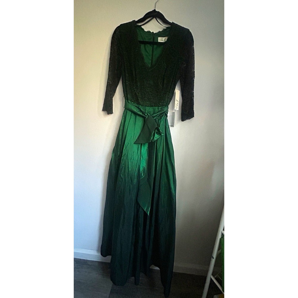 Eliza J Emerald Green Lace Bodice V-Neck 3/4 Sleeve Lined Maxi Formal Dress Sz14